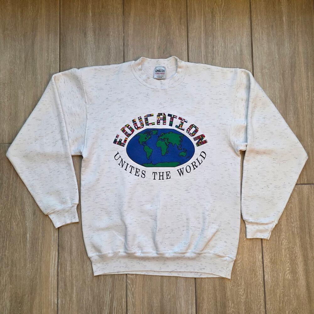 Vintage Oneita Sweatshirt Mens L World Unites Graphic Crewneck USA 90s